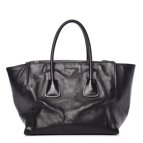 PRADA Glace Calf Twin Pocket Tote Black.